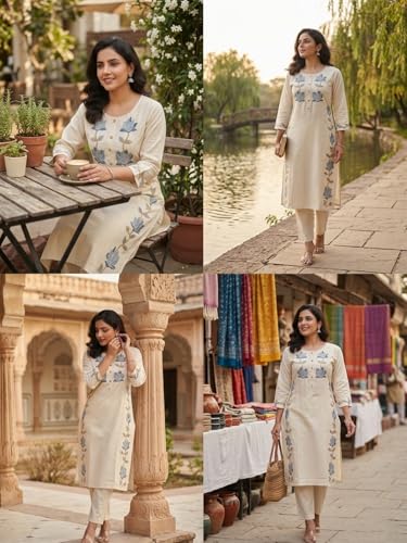 Image of Leriya Fashion Cotton Kurta Set for Women | Kurta Sets for Woman - Office Wear Kurti Set for Women Embroidery Kurti for Woman, Straight Kurtis Pant Set with 3 /4 Sleeve