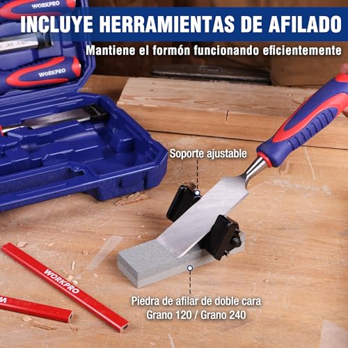 Cinceles de madera WORKPRO con mango antideslizante para evitar resbalones al tallar 7