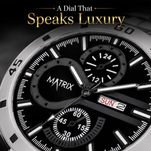 Image of Matrix Superior Analog Watch for Men | Black, Blue, Green & White Dial Stainless Steel Chain Strap Watch | Day & Date Display | Quartz Movement | Stylish Casual & Formal Wrist Watch for Boys & Men