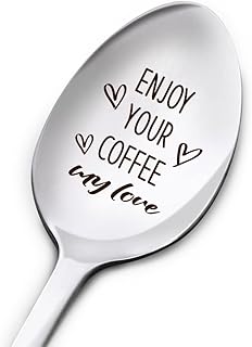 Coffee Spoon Gift for Her Him, Enjoy Your Coffee My Love, Valentine's Birthday Christmas Gifts for Girlfriend Boyfriend Wife Husband, Coffee Lover for Women Men, Engraved Stainless Steel Spoon