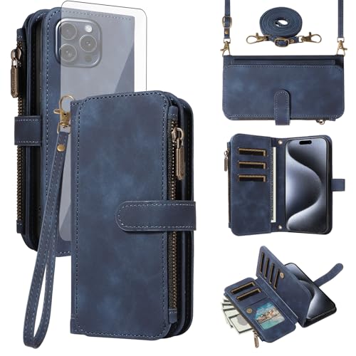 Coque iPhone 15 Pro étui portefeuille porte-carte sangle rabat et verre