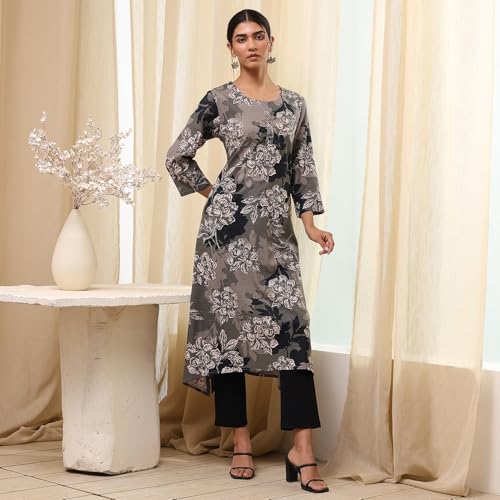 Image of BIBA Women Viscose Rayon Straight Fit Straight Printed Kurta