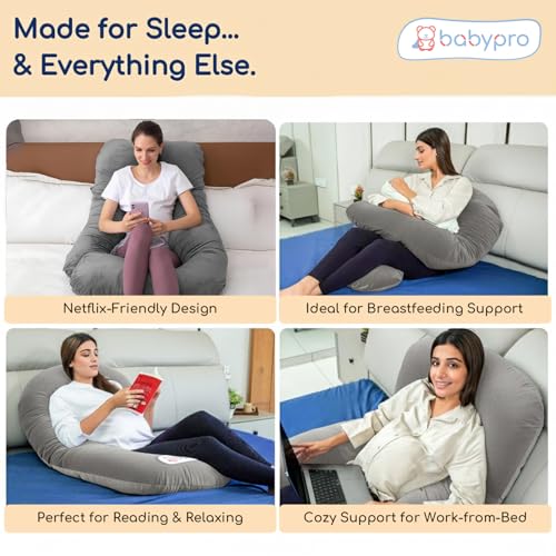 Image of BabyPro J-Shaped Pregnancy Pillow with Silky Cooling Velvet Cover, Grey | Full Body Pillow for Back Pain, Head, Belly, Hips & Knees, Soft Cushion