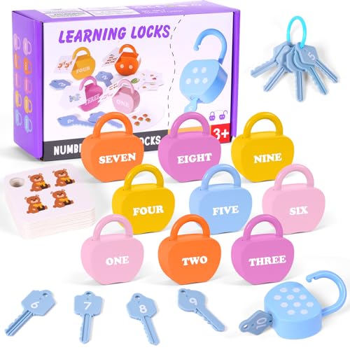 AOOSA 10 Set Learning Locks with Keys, Jouet De Verrouillage Et De Clé pour Enfant, Montessori Baby Keys Toy Ensemble pour Les Tout-Petits 3+, Number Matching Toys pour Développer La Motricité Fine