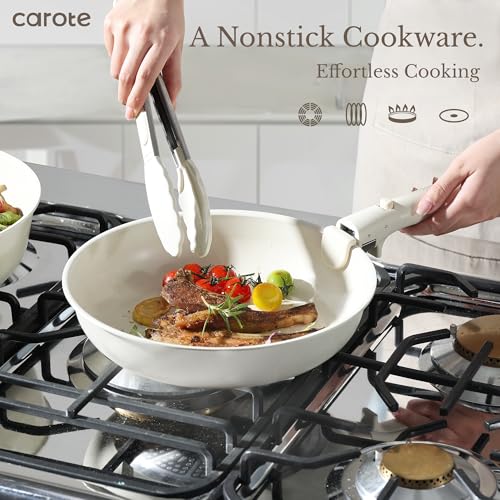 CAROTE Pots and Pans Set Non Stick, Cookware Sets, Kitchen Set, Oven/Fridge Safe, Space Saving Pots Set, Nonstick Cooking Set with Versatile Detachable Handle, Induction RV Set, Cream White - Image 7