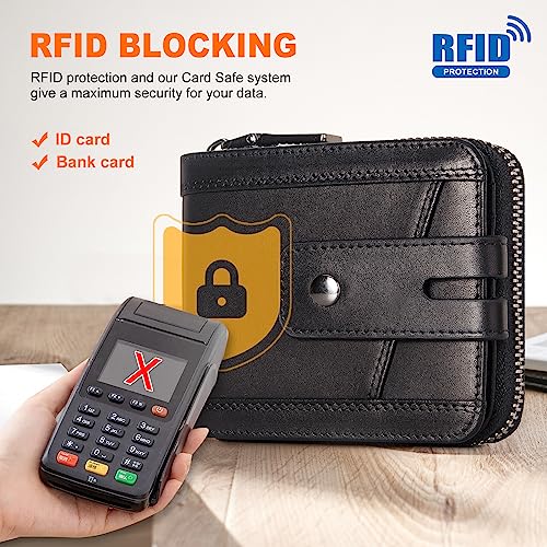 Zipper Wallet for Men, Genuine Leather Zipper Around Purse RFID Blocking Bifold ID Window,Zipper Wallet With Coin Pocket (Black)4