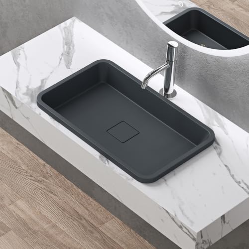 doporro Vasque à Encastrer Lavabo Gris Noir Anthracite mat 53 x 33 x 10,5cm Lave Mains Rectangulaire avec Cache Bonde Colossum104