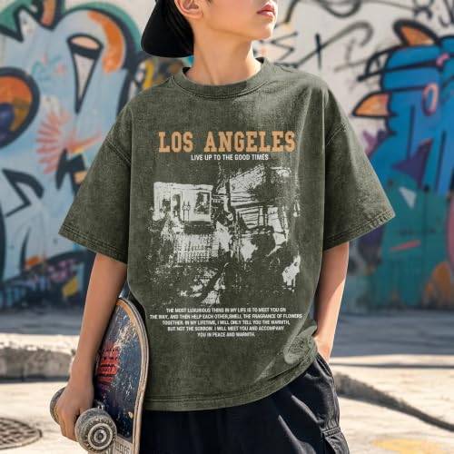 Image of Oversized Boys Graphic Tees Acid Wash Los Angeles Tshirt Youth Cotton T Shirt Crewneck Tee Kids Short Sleeve Tops