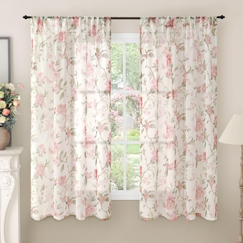 Lajode Floral Sheer Curtains for Girls Bedroom, Vintage Farmhouse Light Filtering Privacy Semi-Sheer Linen Curtains for Kids Nursery 63 Inches Long 2...