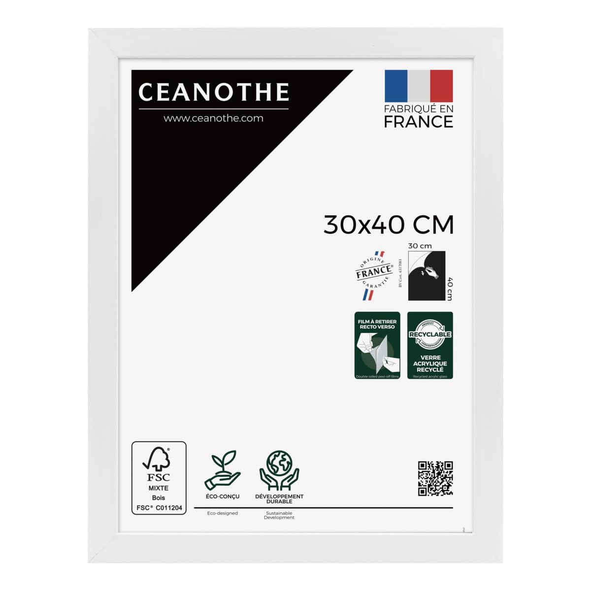 Ceanothe Cadre Photo 30x40 cm en Bois Blanc Convient au A4 de la Collection Design Eternel Verre acrylique Incassable - Fabriqué en France