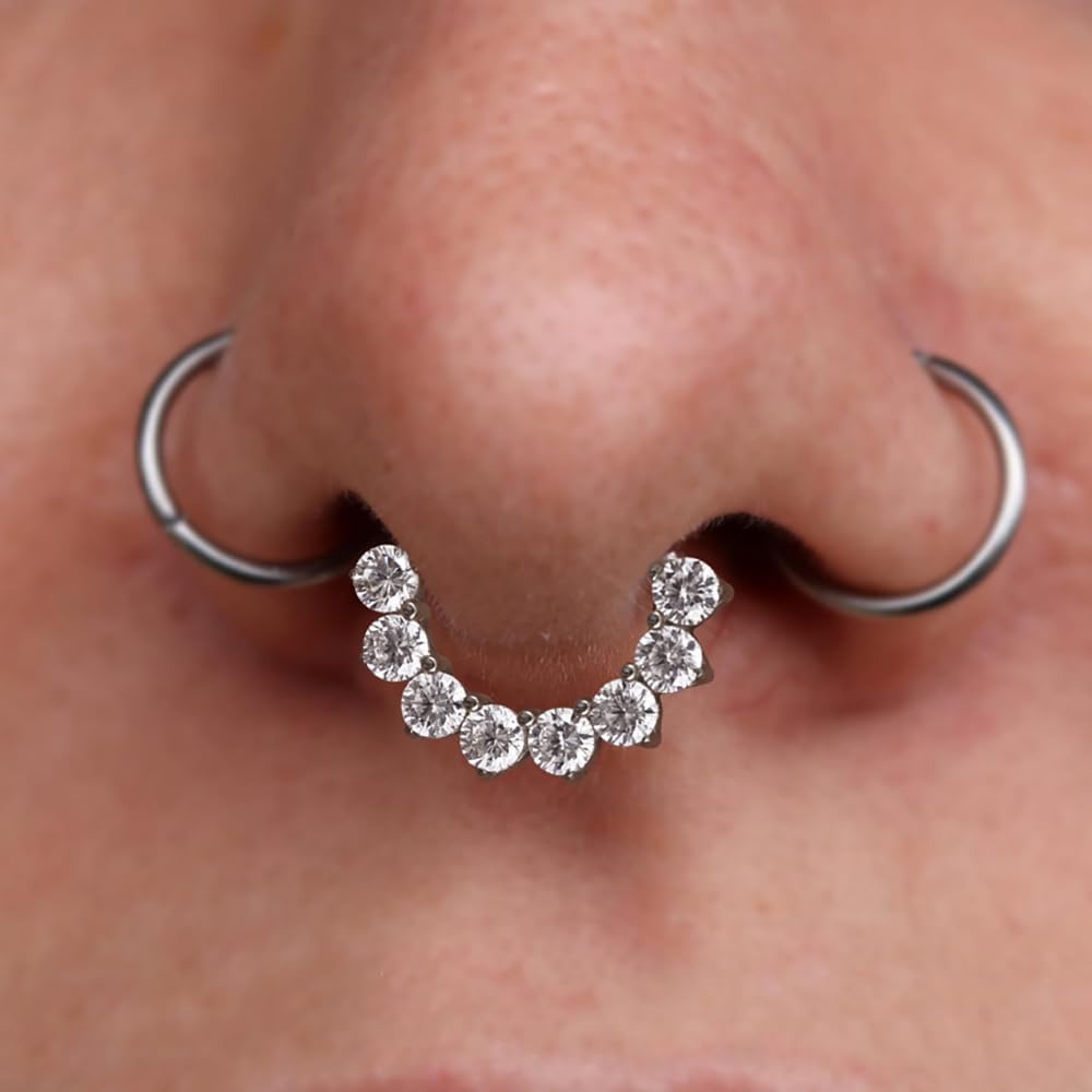ARTFAN 16g Titanium Septum Rings, Round CZ Floral Septum Jewelry Hinged Segment Clicker Nose Rings Hoops Helix Daith Tragus Conch Piercing Jewelry for Women Men