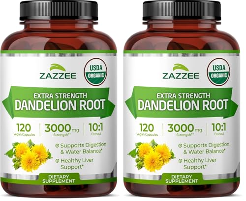 Image of Zazzee USDA Organic Dandelion Root 10:1 Extract, 120 Capsules, 4 Month Supply, Liver & Detox Support, Taraxacum Officinale, Organic Herbal Supplement, All-Natural, Non-GMO, Made in the USA (Pack of 2)