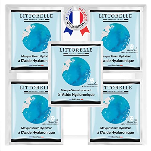 Littorelle - 5x Mascarilla Tejido con Suero Hidratante de Ácido Hialurónico - Fabricada en Francia - Hidrata y Rellena la Piel - Antienvejecimiento - Colágeno Boost - Máscara Todos tipos de piel Cover