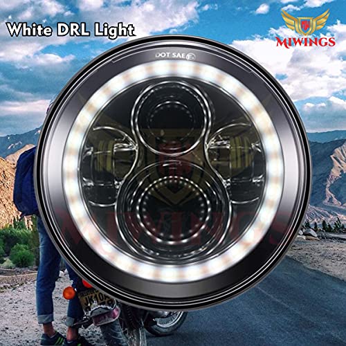Image of Miwings 6 LED Projector Headlight with Dual Color DRL Full Ring For Mahindra Thar /Jeep /Royal Enfield Bike Models, 7 Inch, White and Amber