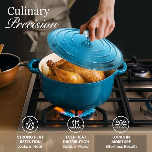 Image of Cast Iron Pot with Lid - Non-Stick Ovenproof Enamelled Casserole Pot, Oven Safe up to 500 F-Sturdy Dutch Oven Cookware - Blue, 5-Quart, 24cm-by Nuovva