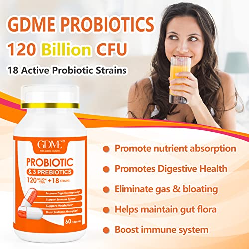 Gdme Probiotic Capsules, 60 Capsules 120 Billion Cfu 18 Strains, Contains 3 Prebiotics, For Men & Women, Once Daily Probiotic Dietary Supplement, Boosts Digestive And Immune Health #TOP3