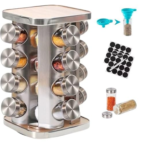 Home & Treat Organizador giratorio de especias con 16 tarros de especias, etiquetas, embudo y bolígrafo, diseño de carrusel de 360° que ahorra espacio para cocinas modernas