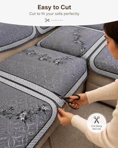 Image of Printed 7 Seater L-Shape Sofa Cover with Arm Covers, Quilted Texture, Sectional Couch Protector for Living Room-Pack of 15 (Grey Vine)