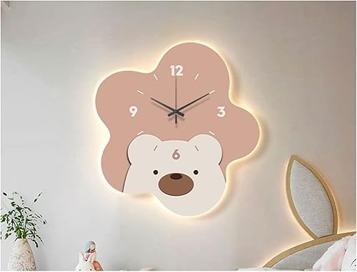 AOKLEY Reloj de pared Night Light Wall Clock Non Ticking Luminous Flower Shape Dimmable Art Clock Bear Pattern Decorative Painting WRemote Control