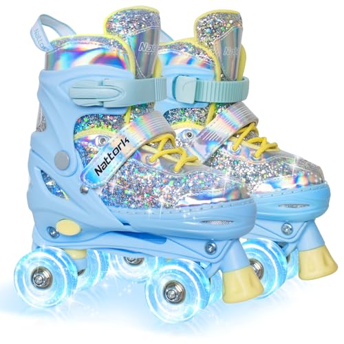 Nattork Kids Roller Skates for Girls Kids, 4 Sizes Adjustable Girls Roller Skates for Ages 3-12 with Light up Wheels & Safety Protection - Cool Birthday Gift for Indoor Outdoor Sports Light 