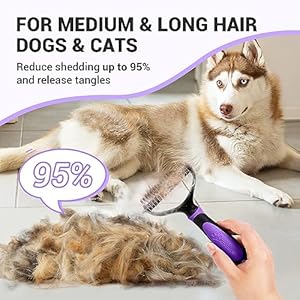MIU COLOR Pet Grooming Brush, 2 Sided Undercoat Rake for Dogs & Cats, Professional Deshedding Brush and Dematting Tool, Effective Removing Knots, Mats, Tangles for Cats, Dogs, Extra Wide (Purple)