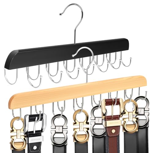 Hshenjhu 2 Stück Gürtelaufhänger, 360° Drehbarer Gürtelhalter Kleiderschrank, Gürtel Aufbewahrung mit 14 Haken, Gürtelaufhänger Multifunktionaler Kleiderbügel für Schals Krawatten Gürtel Socken