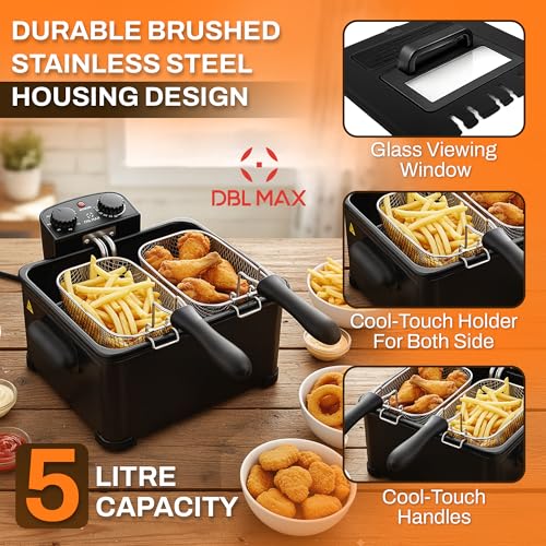 Double Basket 5L Electric Deep Fat Fryer – 2000W Stainless Steel, 3 Baskets, Adjustable Temperature, Viewing Window, Cool-Touch Handle – Ideal for Chips, Chicken, Onion Rings - Image 3