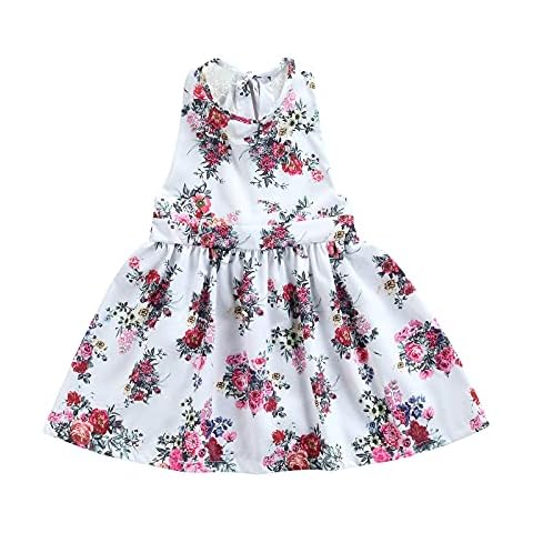 Zukmuk Baby Girl 2-7 Years Summer Princess Dress Baby Girl Sleeveless Tie Flower Print Round Neck Dress Girl Print Dress (White, 5-6 Years) Cover
