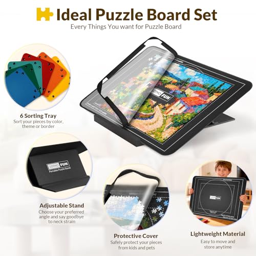 LOTMOFUN Puzzlebrett für 1000 Teile mit Patentiert verstellbarem Ständer, leichtes Filz-Puzzlebrett mit 6 Sortiertray und Abdeckung, tragbarer Puzzletisch mit Aufbewahrung und Rutschfester Oberfläche