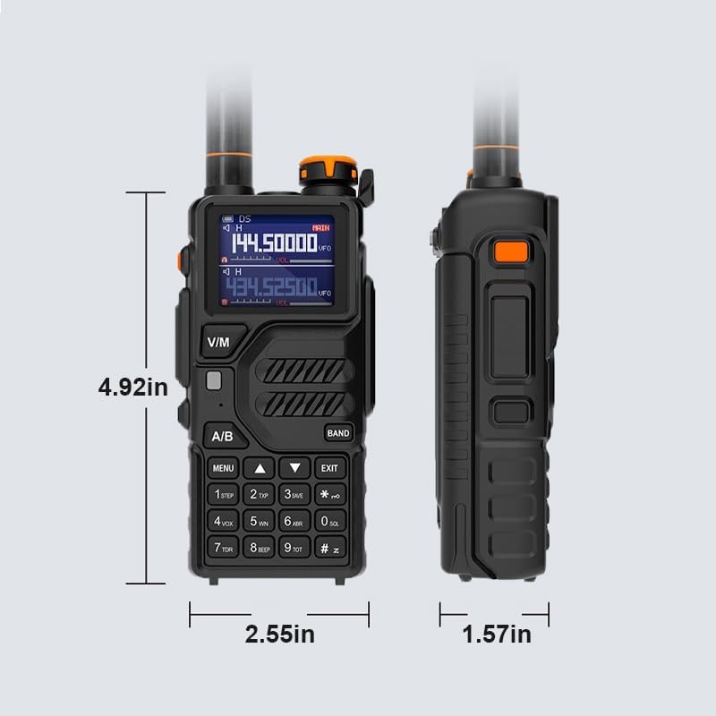 Front and side view of the BAOFENG K5 Plus radio with dimensions indicated: 4.92 inches height, 2.55 inches width, and 1.57 inches depth.