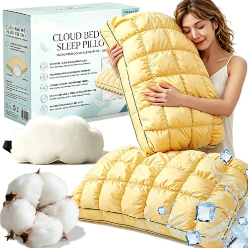 phiorine Cooling Marshmallow Puff Pillow Super Soft Premium Down Alternative Filling Pillow Cloud-Like Fluffy Cooling Marshmallow Pillows for Sleeping Bedroom Side and Back Sleepers Yellow