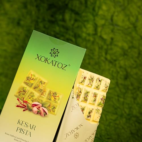 Image of XOKATOZ Exotic Premium Couverture Belgian Chocolate - 1 Kesar Pista Flavoured White Chocolate Bars - Gift Set - Pack of 1, 75g (75g x 1)
