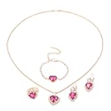4PCS Crystal Heart Jewelry Set Glitter Gold Cubic Zirconia Love Heart Pendant Necklace Lightweight Hoop Earrings Bangle Bracelet Adjustable Open Ring Prom Wedding Jewelry for Women