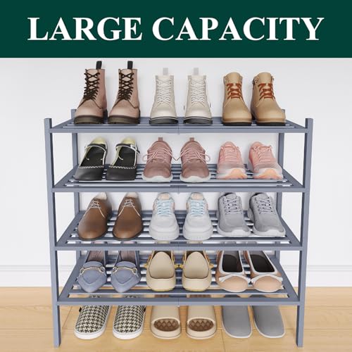 Image of Smiry Bamboo Shoe Rack, 5 Horizontal Slats, 4 Tier - 26.8 inch Wide, Grey