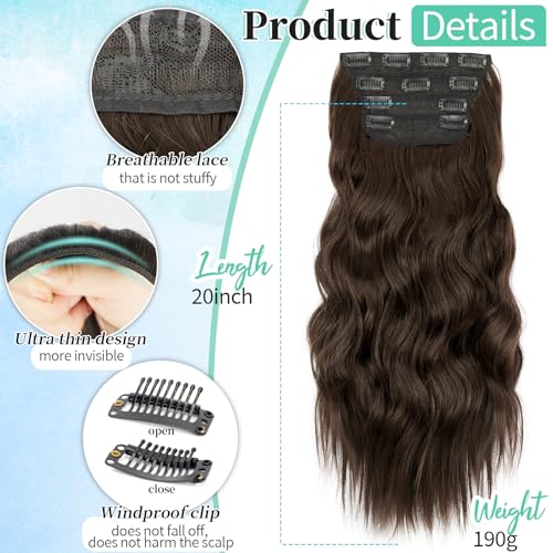 Image of Wavy Thick Clip in Hair Extensions 20 inch Dark Chocolate Brown | 4 Pieces Clip in Extensions,Fiber Double Weft Hairpieces,Natural Volume,Beach Wave Long Synthetic Hairpieces for Women