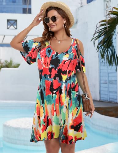 Image of JollieLovin Womens Plus Size Short Sleeve Cold Shoulder V Neck T-Shirt Dress with Pockets