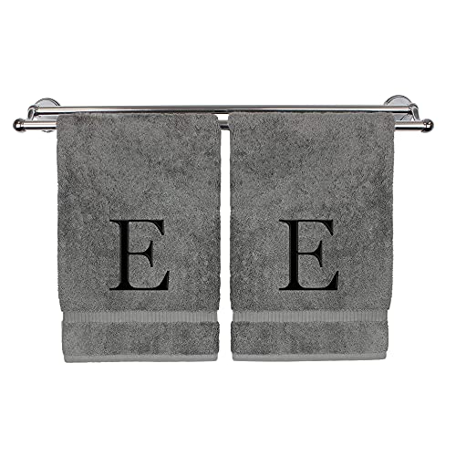 Monogrammed Hand Towel, Personalized Gift, Set of 2- Black Block Letter Embroidered Towel - Extra Absorbent 100% Turkish Cotton - Soft Terry Finish - Initial E Gray
