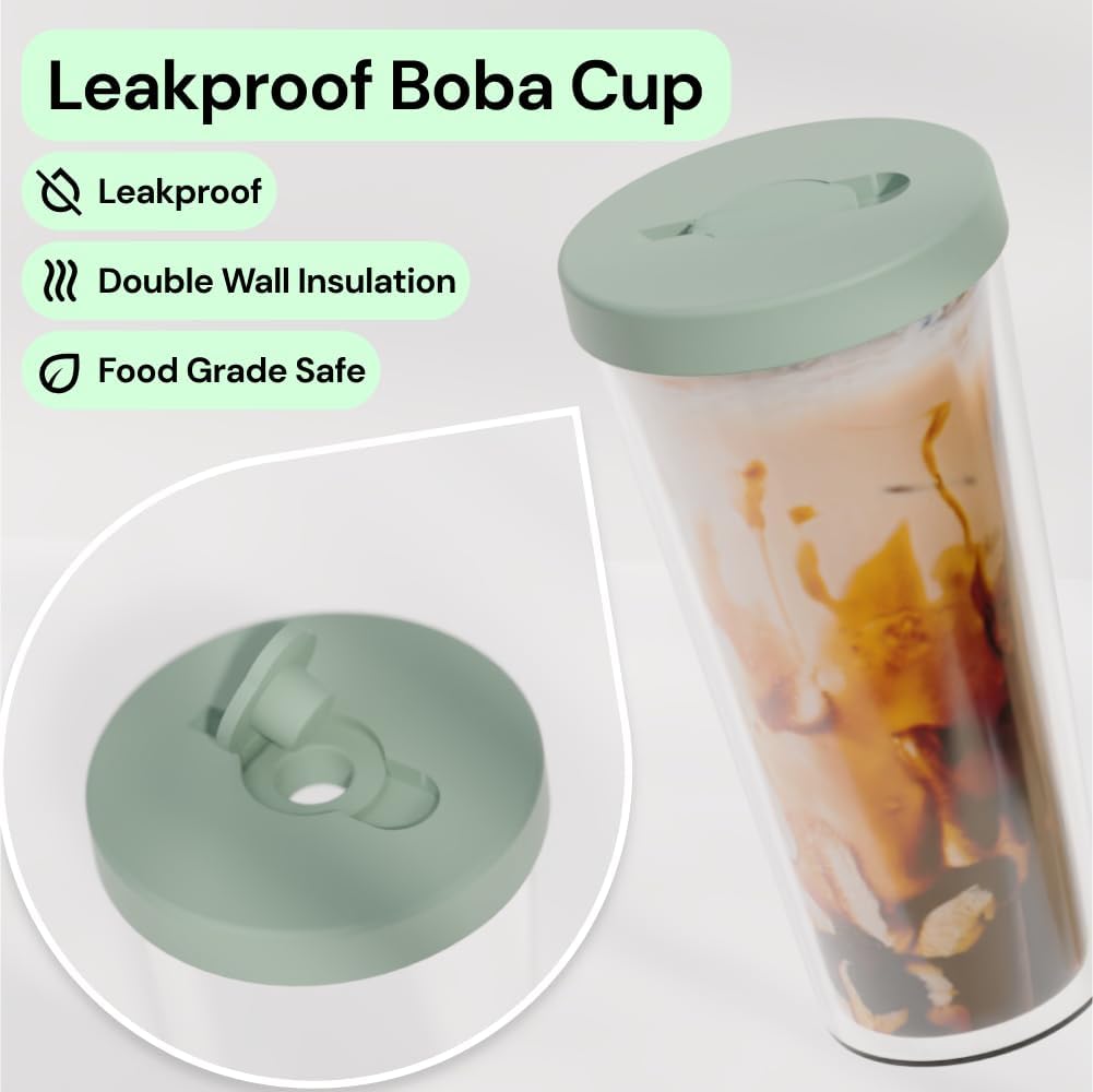 Dodoko Reusable Boba Cup and Straw Boba Tea Cup Bubble Tea Cup Reusable Iced Coffee Cup Cold Coffee Cup Smoothie Cup with Lid and Straw Smoothie Cup to go Smoothie Tumbler 17 oz - Sage Green - Image 2