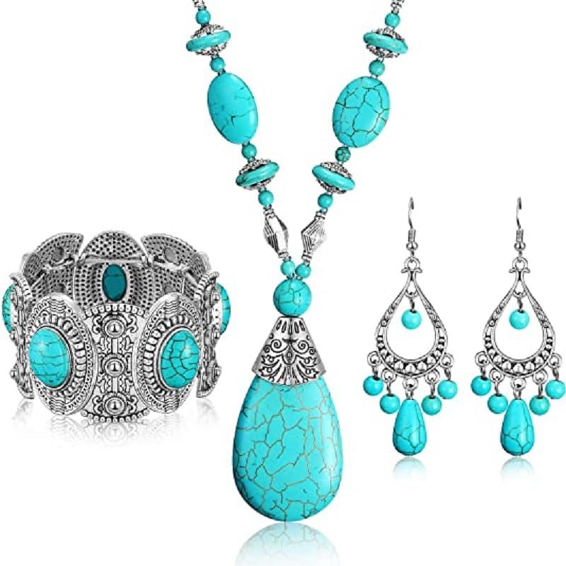 Salircon Vintage Western Jewelry Sets for Women Cowgirl Boho Country Turquoise Choker Necklaces Earrings Bracelet Belt