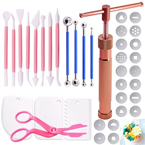 Keadic Juego De Herramientas De Modelado De Azúcar, Extrusora De Arcilla De Oro Rosa, 37 Unidades, Pistola Extrusora De Arcilla Con 20 Puntas De Discos Extrusores De Azúcar Y Herramienta De Punteado
