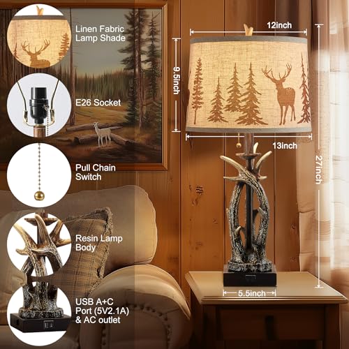 Farmhouse Deer Antler Table Lamps Set of 2 Rustic Western Bedside Lamp with USB A+C & Outlet for Log Cabin Bedroom Hunting Themed Livig Room End Table Cottage Home decor,Deer Print Linen Fabric Shade by BOOUCUU - Used condition - Image 2