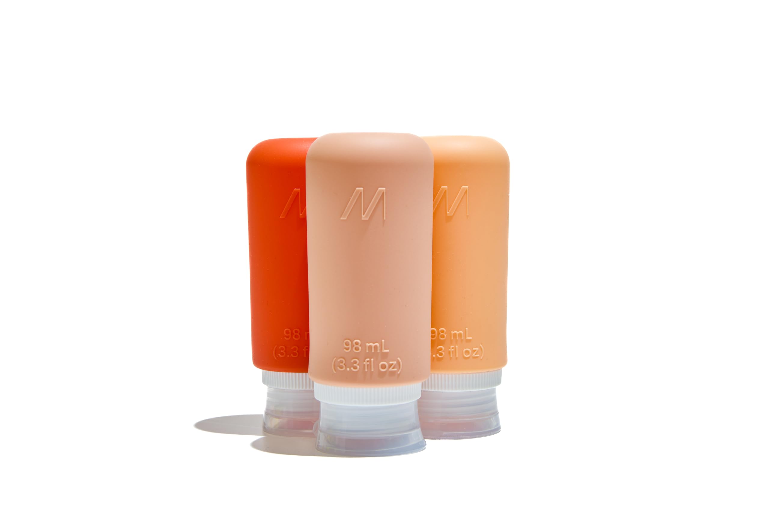 Muitomas, Travel Bottles with Clear Case, 3 x 108ml Silicone Travel Bottles, Silicone Liquid Travel Containers, Peach Fuzzy