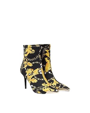 Versace Jeans Couture Womens Black Gold Baroque Print Heeled Ankle Boots-