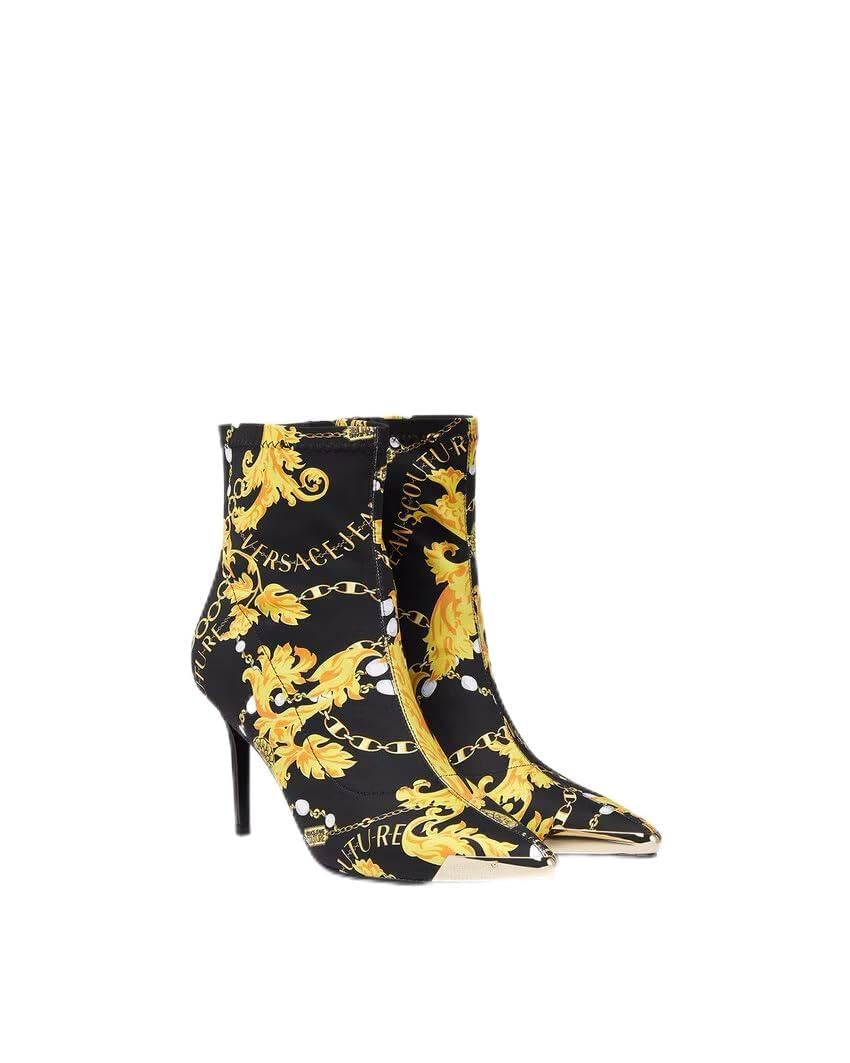 Versace Jeans Couture Womens Black Gold Baroque Print Heeled Ankle Boots-
