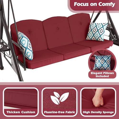 Image of ZZW 800LBS Patio Swing with Canopy 3 Seat Outdoor Porch Swing with Stand w /Cup Holder & Pillow Glider Chair Swing Bed for Patio Backyard Poolside (Red)