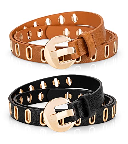 2 Pack Women's Dress Belt, Black Skinny Faux Leather for Women Dresses