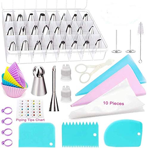 57 Piece Cake Decorating Supplies Kits - 26 Stainless Steel Icing Tips Set Silicone Pastry Bags Icing Smoother Piping Nozzles Coupler Flower Nails Lifter for Cakes Cupcakes Cookies Baking Tools (57P) Cover