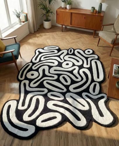 Image of Hand Tufted Wool Rug 6x8 Ft - Modern Irregular Shape Aesthetic Carpet, 1 Inch Thick Pile, Anti-Skid Backing, Soft Handmade Woolen Area Rug for Living Room, Bedroom, Hall Decor