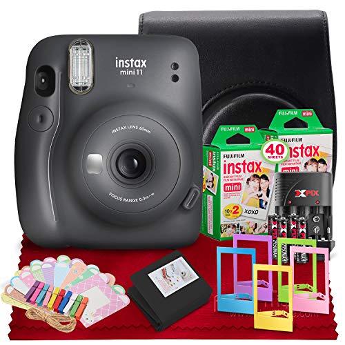 Fujifilm INSTAX Mini 11 Instant Film Camera (Charcoal Gray) Instax Mini Twin Film (40 Exposures), Accessory Case, and Accessories Bundle