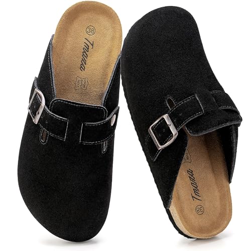 Tmaza Zueco Mujer Pantuflas de Piel con Corcho Cerradas Zapatillas -Calzado de Jardín Sandalias Negro 39